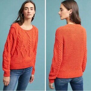 Anthropologie Sleeping On Snow Red/Orange Chenille Cable Knit Sweater Wool-Small